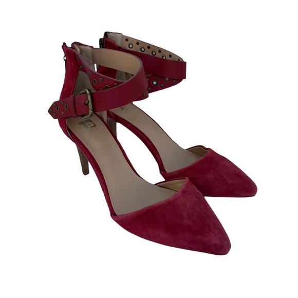 New Joe's Jeans Red Suede Pointed Toe D'Orsay Studded Buckled Heeled Pump 6.5M - Picture 2 of 8